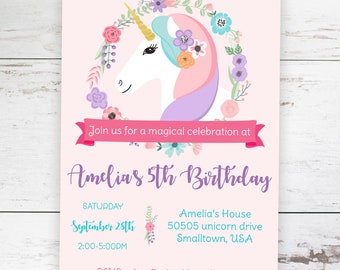 Unicorn Party Invitation with Flowers Gold Horn - INSTANT DOWNLOAD Beautiful Floral Unicorn Invitation by Printable Studio