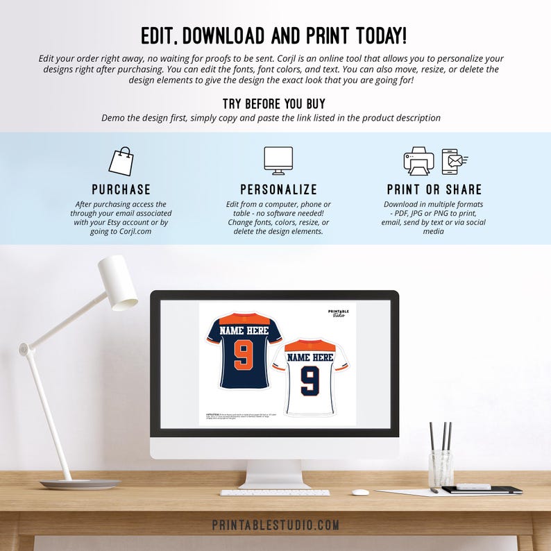 May include: Editable digital template for a football jersey with a blue and orange color scheme. The jersey has the text "NAME HERE" and the number "9" on it. The template can be personalized with different fonts, colors, and text.