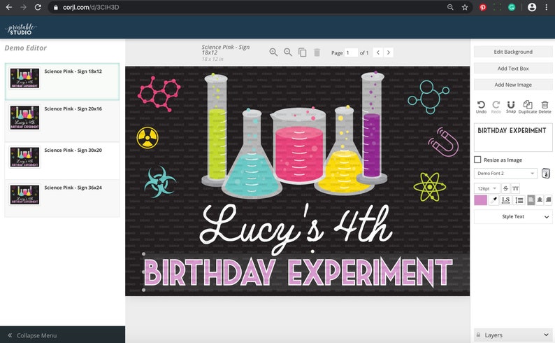 May include: A printable sign for a birthday party with a science theme. The sign is black with colorful beakers, atoms, and other science-related graphics. The text on the sign reads "Lucy's 4th Birthday Experiment".