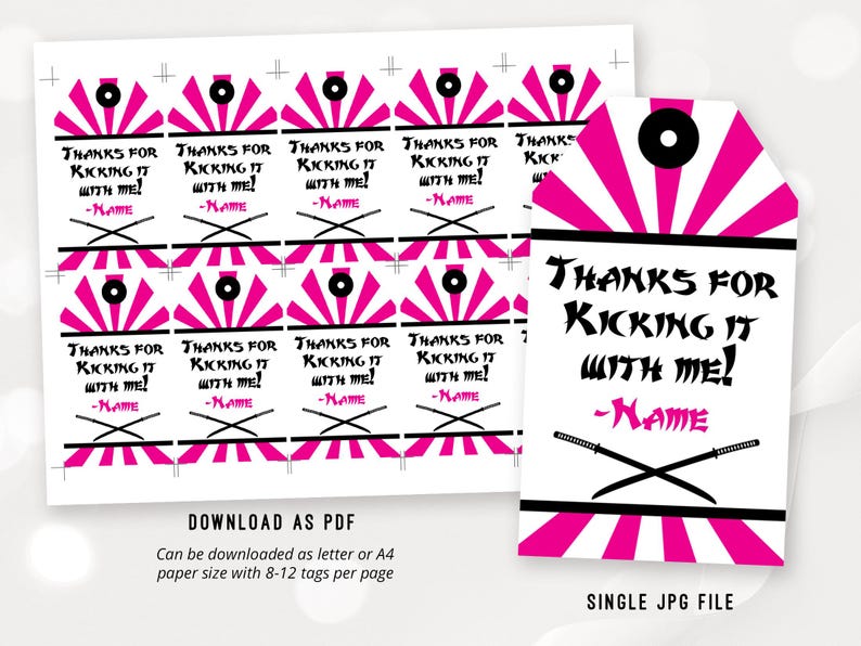 May include: Pink and white favor tags with a black and white illustration of crossed swords and the text "Thanks for Kicking it with me! -Name".