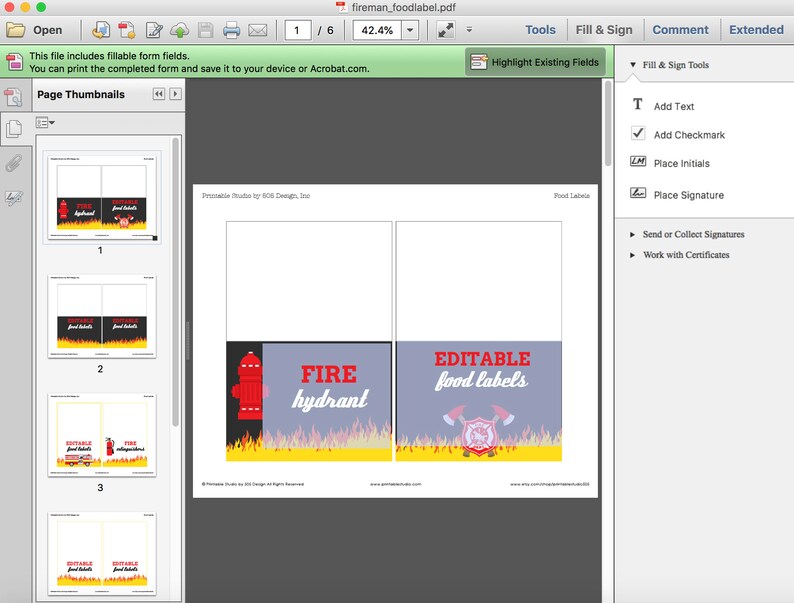 Fireman Food Labels Instant Download Editable Fireman Food Label Birthday Party by Printable Studio Firefighter Food Label