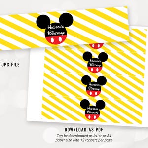 May include: Printable Mickey Mouse themed party favor toppers with yellow and white striped background. The toppers feature a red and black Mickey Mouse head with the text "Hudson's Birthday".