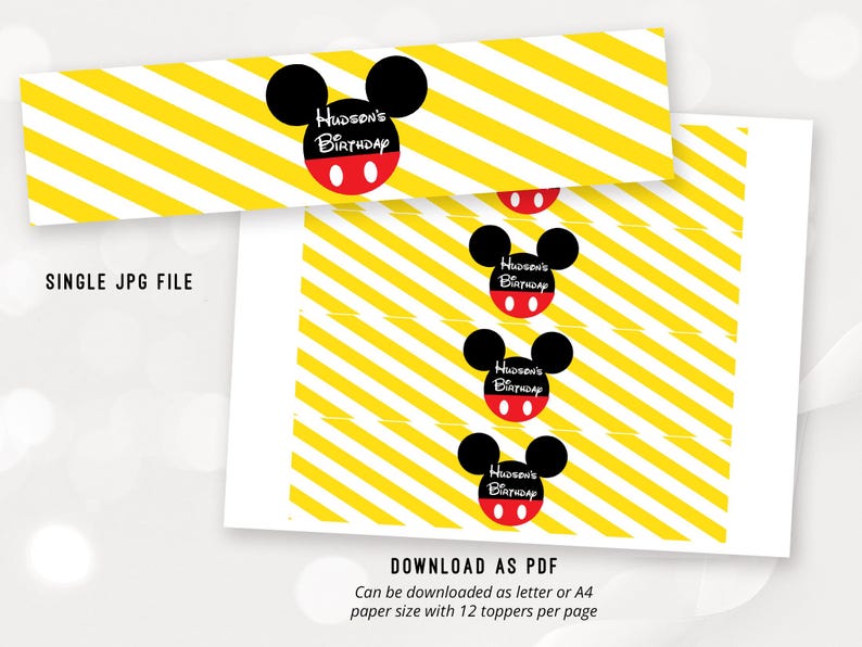 May include: Printable Mickey Mouse themed party favor toppers with yellow and white striped background. The toppers feature a red and black Mickey Mouse head with the text "Hudson's Birthday".