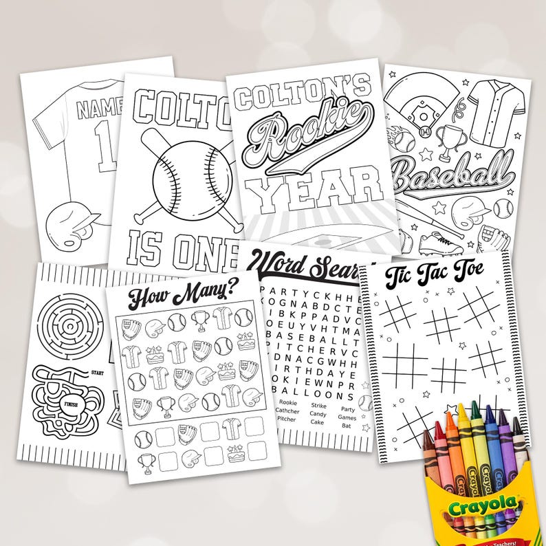 May include: A collection of baseball-themed coloring pages and activity sheets, including a maze, word search, and tic-tac-toe. The pages feature baseball equipment and the text "COLTON'S Rookie YEAR". A box of Crayola crayons is included.