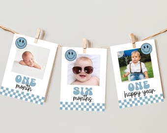 Banner de fotos de aniversário de um cara feliz, modelo de banner de fotos mensal para Canva 0200 (arquivo digital)