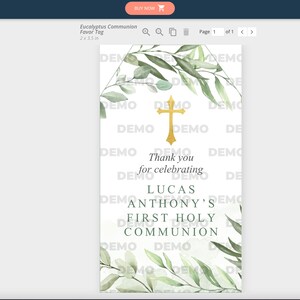 Puede incluir: Una etiqueta de favor blanca con una cruz dorada y hojas de eucalipto verdes. El texto dice "Gracias por celebrar la Primera Comuni&oacute;n de Lucas Anthony".