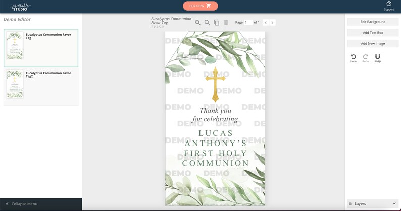 Puede incluir: Una etiqueta de favor blanca con una cruz dorada y hojas de eucalipto verdes. El texto dice "Gracias por celebrar la Primera Comuni&oacute;n de Lucas Anthony".