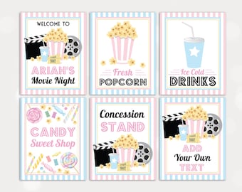 Placas editáveis para festa de cinema, download instantâneo, placas em tons pastel para festa de cinema, placa para lanches de cinema, doces, bebidas e pipoca.