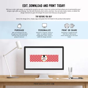May include: A computer screen displaying a printable design for a red and white polka dot banner with a yellow circle and black Mickey Mouse silhouette. The text on the banner reads "Howser's First Birthday".