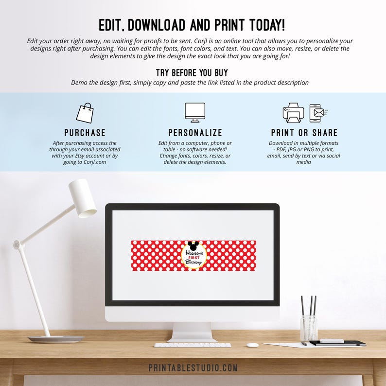 May include: A computer screen displaying a printable design for a red and white polka dot banner with a yellow circle and black Mickey Mouse silhouette. The text on the banner reads "Howser's First Birthday".