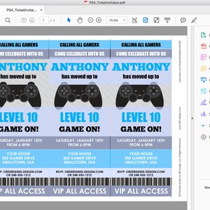 May include: Three blue and white printable party invitations featuring a video game controller graphic. The invitations are for a birthday party for Anthony who has turned 10. The text on the invitations reads "Calling all gamers, come celebrate with us, Anthony has moved up to level 10, game on!" The invitations also include the date, time, and location of the party.