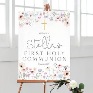 First Communion Welcome Sign for Girls Wildflower First Communion Sign Communion Party Sign Wildflower and Gold Communion Party Decorations