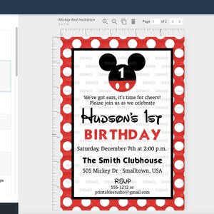 May include: Mickey Mouse-themed birthday invitation with a red and white polka dot border. The invitation features a black Mickey Mouse head with a number 1, and the text "Hudson's 1st Birthday" with event details.