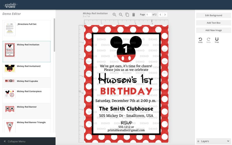 May include: Mickey Mouse-themed birthday invitation with a red and white polka dot border. The invitation features a black Mickey Mouse head with a number 1, and the text "Hudson's 1st Birthday" with event details.