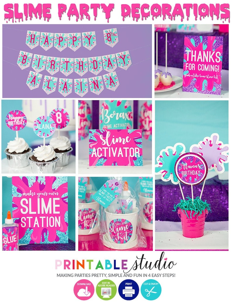 May include: Slime party decorations printable set featuring a banner that says "Happy 8th Birthday Alaina", cupcake toppers, slime activator sign, slime station sign, and a thank you for coming sign.