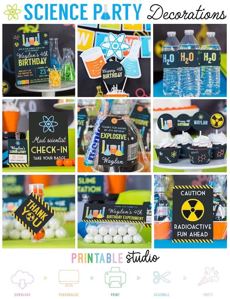 May include: Science party decorations with a black and white theme. The decorations include a birthday invitation, cupcake toppers, favor bags, and a sign that says "Caution: Radioactive Fun Ahead".