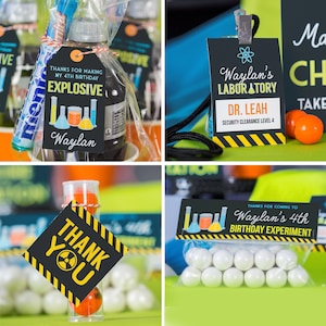 May include: A set of party favor tags for a science-themed birthday party. The tags are black with yellow and orange accents and feature a beaker, test tube, and flask. The text on the tags reads "Thanks for making my 4th birthday explosive" and "Waylan's Laboratory".