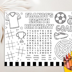 May include: A black and white printable coloring page with a soccer theme. The page features a soccer ball, jersey, trophy, cleats, and a maze. The text "Franco's Eighth Birthday Goal" is at the top of the page. There is a word search puzzle with the words "Party, Penalty, Match, Ball, Balloons, Birthday, Game, Gift, Kick, Match, Candy, Goal".