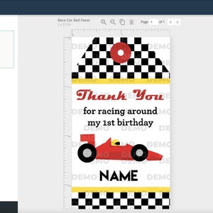 May include: A red and black checkered race car thank you tag with the text "Thank You for racing around my 1st birthday" and a space for a name.