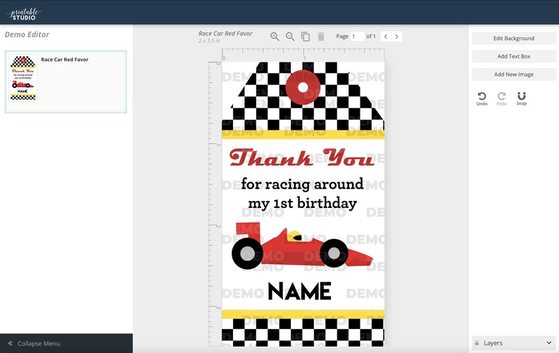 May include: A red and black checkered race car thank you tag with the text "Thank You for racing around my 1st birthday" and a space for a name.