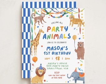Party Animal First Birthday Invitation, Colorful Streamer Paperchains, Animal First Birthday Invitaiton Template 0223 (digital file)