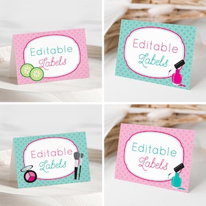 May include: Four printable labels with a pink and teal design. Each label has the text "Editable Labels" and a different spa-themed image. The images include cucumbers, nail polish, makeup brushes, and a bottle of nail polish.