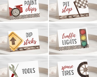 Etichette per cibo a tema auto da corsa per compleanno, set di segnaposto stampabili per cibo a tema corse automobilistiche, etichette rosse per feste a tema auto da corsa, cartelli per buffet a tema auto da corsa, idee per cibo a tema corse automobilistiche