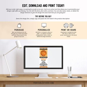 May include: Editable basketball-themed birthday invitation template displayed on a computer screen. The invitation is designed to look like a ticket with an orange basketball and the text "You're Invited to Tyler's 7th Birthday".
