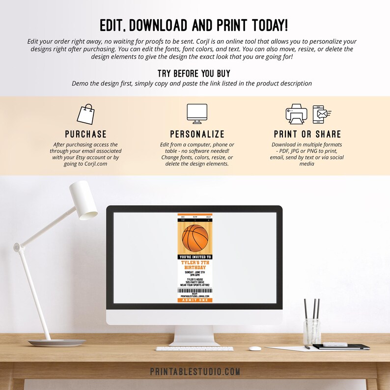 May include: Editable basketball-themed birthday invitation template displayed on a computer screen. The invitation is designed to look like a ticket with an orange basketball and the text "You're Invited to Tyler's 7th Birthday".