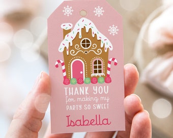 Pink Gingerbread Birthday Favor Tags: Editable Thank You (Digital Download)