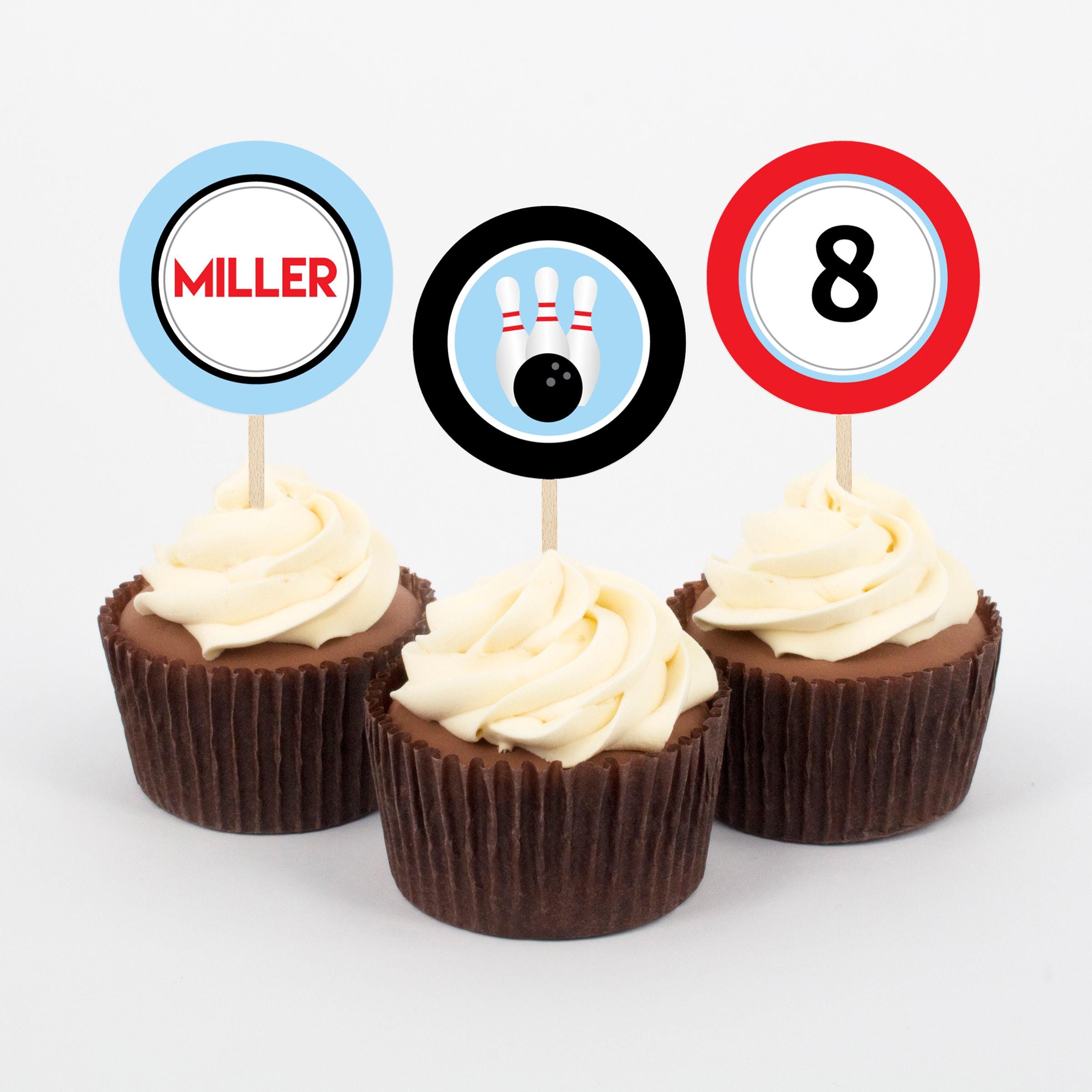 Decorazione per feste di compleanno per bambini, 32 pezzi, Happy Birthday, cappello, cupcake, topper stampato, palloni da bowling, palloncini per compleanno per bambini, accessori di compleanno