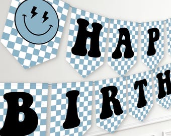 One Happy Dude Birthday Banner in Blue, Personalized Banner Canva Template 0200 (digital file)