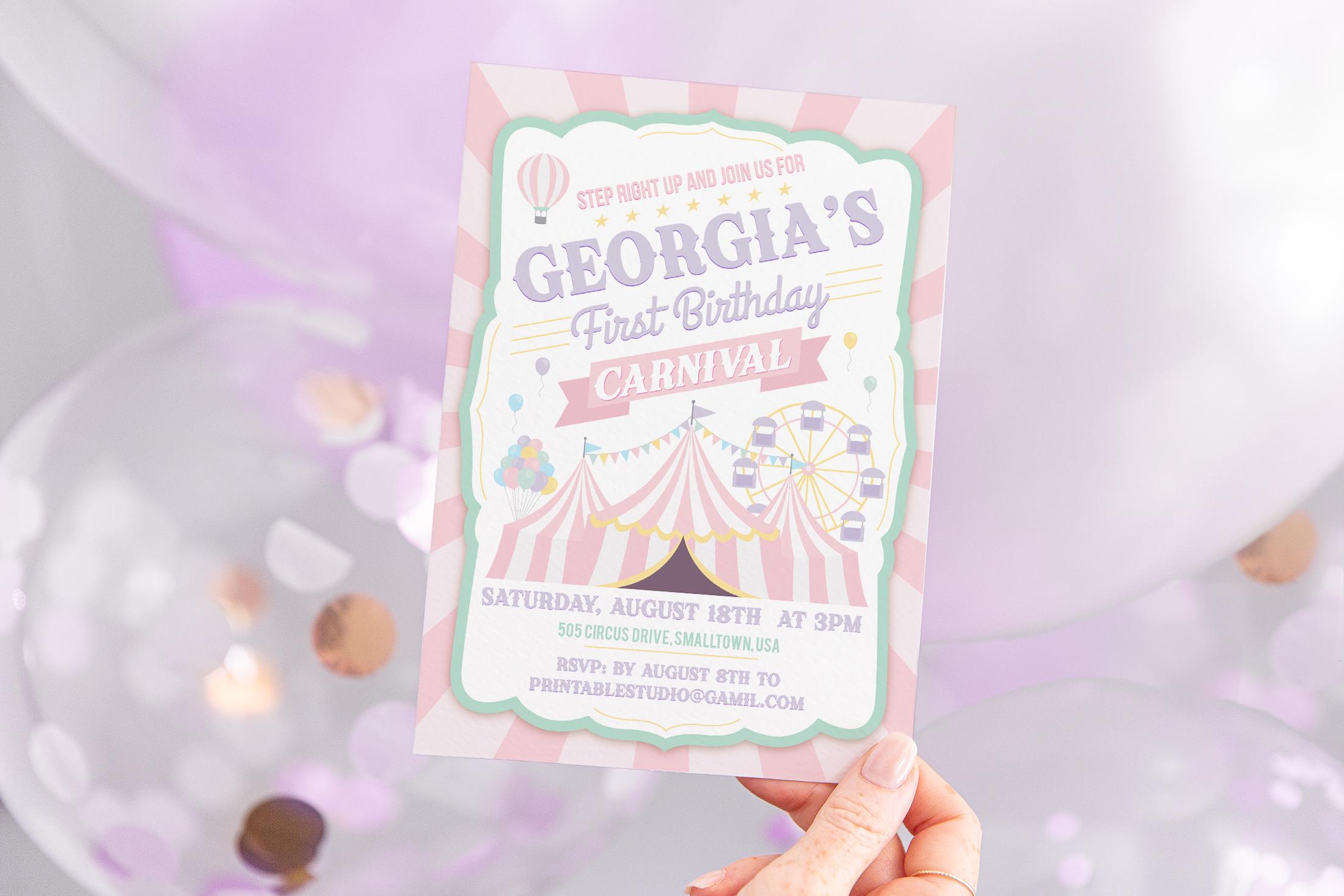 Editable Pastel Carnival Invitation, Carnival Birthday Party Invitation, Girls First Birthday Party, Pink Carnival Invitation