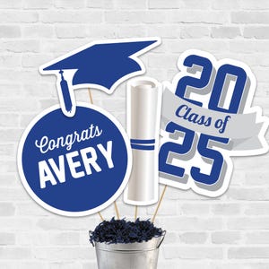 2025 Graduation Centerpieces in Royal Blue , Printable Graduation Party Centerpieces, Custom Graduation Decorations in Royal Blue