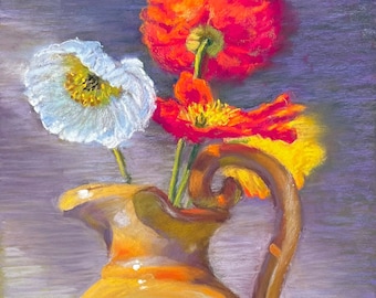 Original Painting Art Pastel of Poppies in Vase