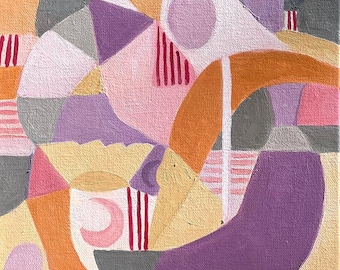 Puede incluir: Una pintura abstracta sobre lienzo que presenta una composición de formas geométricas y orgánicas. La paleta de colores incluye tonos de morado, rosa, naranja, amarillo y gris. Varias secciones contienen rayas y líneas rojas verticales.