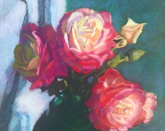 Painting of Roses in a Green Pitcher Original Pastel Art