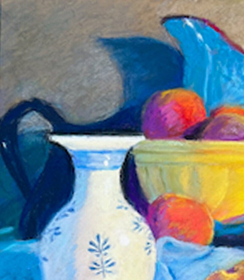 May include: A still life painting featuring a white ceramic vase with blue floral designs, a bowl of fruit, and a blue cloth. The fruit includes red and purple plums and a yellow bowl.