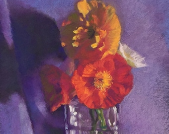 Original Painting-Poppies in Glass Vase-Pear and Garlic-Pastel