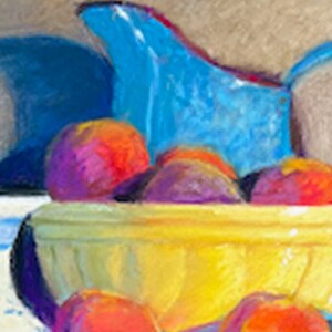 May include: A yellow ceramic bowl filled with red and purple peaches. A blue pitcher sits on top of the peaches.