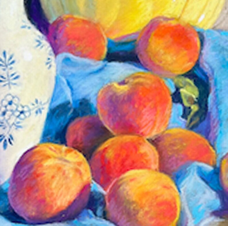 May include: A still life painting of peaches on a blue cloth. The peaches are various shades of orange and red, with some having a slight purple hue. The cloth is a light blue with a white pattern.