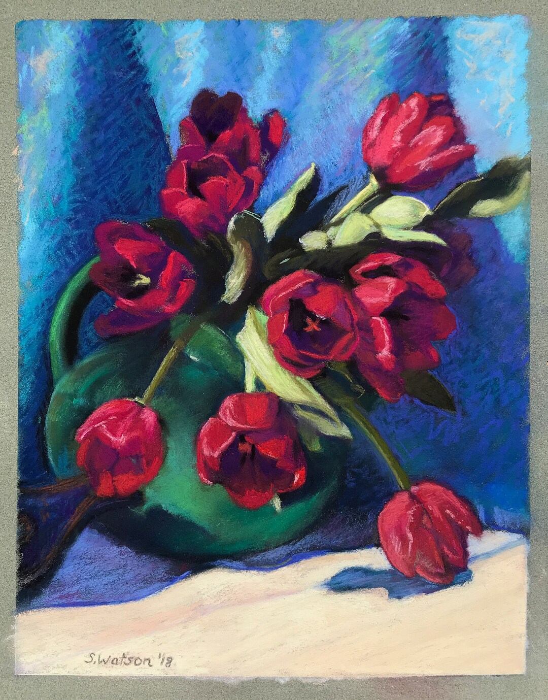 Original Painting Red Tulips in Green Vase Pastel Still Life - Etsy