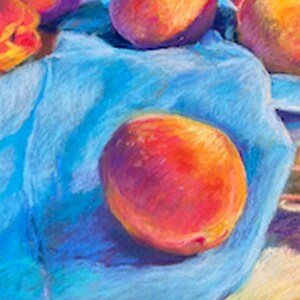 May include: A close-up of a single peach resting on a blue cloth. The peach is a vibrant orange-red color with a slight purple hue. The cloth is a soft, textured blue with a slight purple tint.