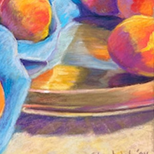 May include: A still life painting of peaches in a bowl with a blue cloth draped over the side. The peaches are a vibrant orange and red, and the bowl is a dark brown. The painting is signed "Steph W. '24" in the bottom right corner.