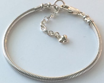 Sterling Silver Snake Bracelet with Heart Charm Extender, Solid 2.4mm Chain, Handmade Personalised Gift for Women / Girlfriend, Custom Sizes