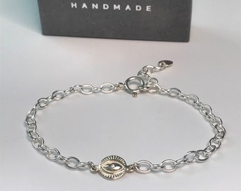 Silver Bracelet with Evil Eye Connector, Sterling Silver Bracelets for Women, Adjustable Link Chain Bracelet, UK Handmade Gift, Custom Sizes