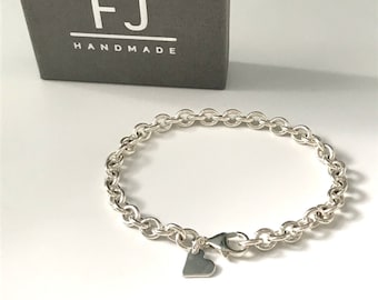 Sterling Silver Chain Bracelet, Optional Heart Charm, UK Handmade Gift, Custom Sizes, Gift Boxed, 6.9 x 5.9mm Cable Link Chain