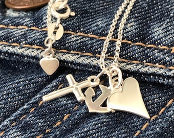 Sterling Silver Faith Hope, Love Necklace with Anchor, Cross &  Heart Charms, UK Handmade Gift for Women, Gift Boxed, Custom Sizes