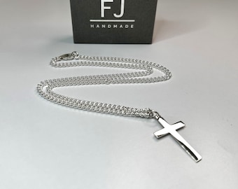 Sterling Silver Cross Necklace, Solid Silver 3.5mm Curb Chain Medium or Large Pendant Mens Womens UK Handmade Gift, Gift Boxed, Custom Sizes