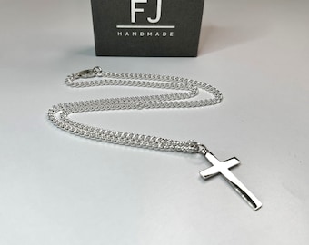 Sterling Silver Cross Necklace, Solid Silver 3.5mm Curb Chain Necklace with Pendant, Mens Womens UK Handmade Gift, Gift Boxed, Custom Sizes